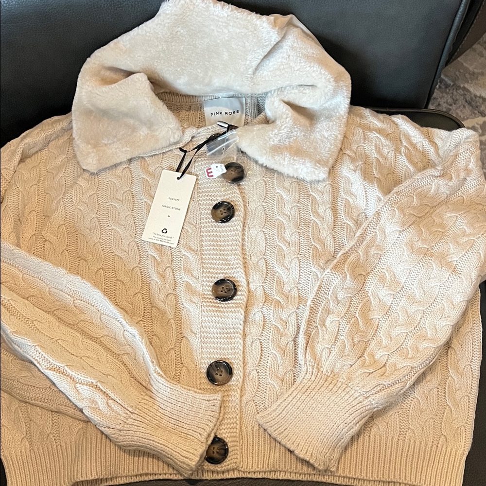Pink Rose Beige Cable Knit Cardigan